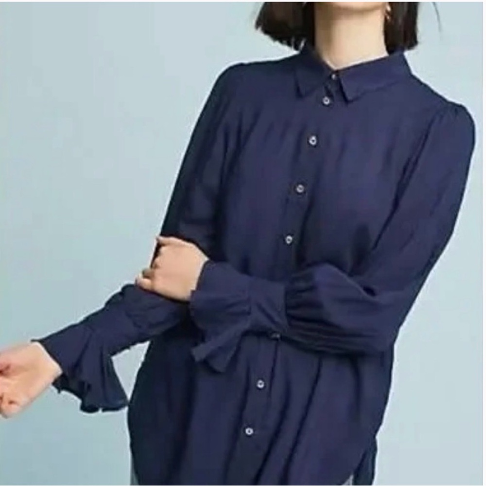 Anthropologie Maeve Silky Ruffle Cuff Button Down Shirt Top Navy Blue size 2